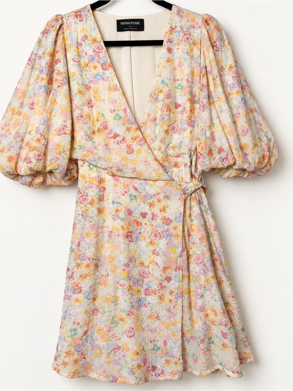 MINKPINK Elvire Floral Wrap Puff Sleeve Mini Dress Small